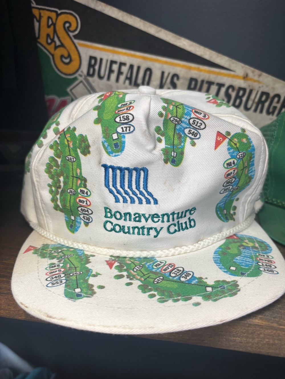 Vintage 80’s White Golf Course AOP Print Cap Leather Strap OS